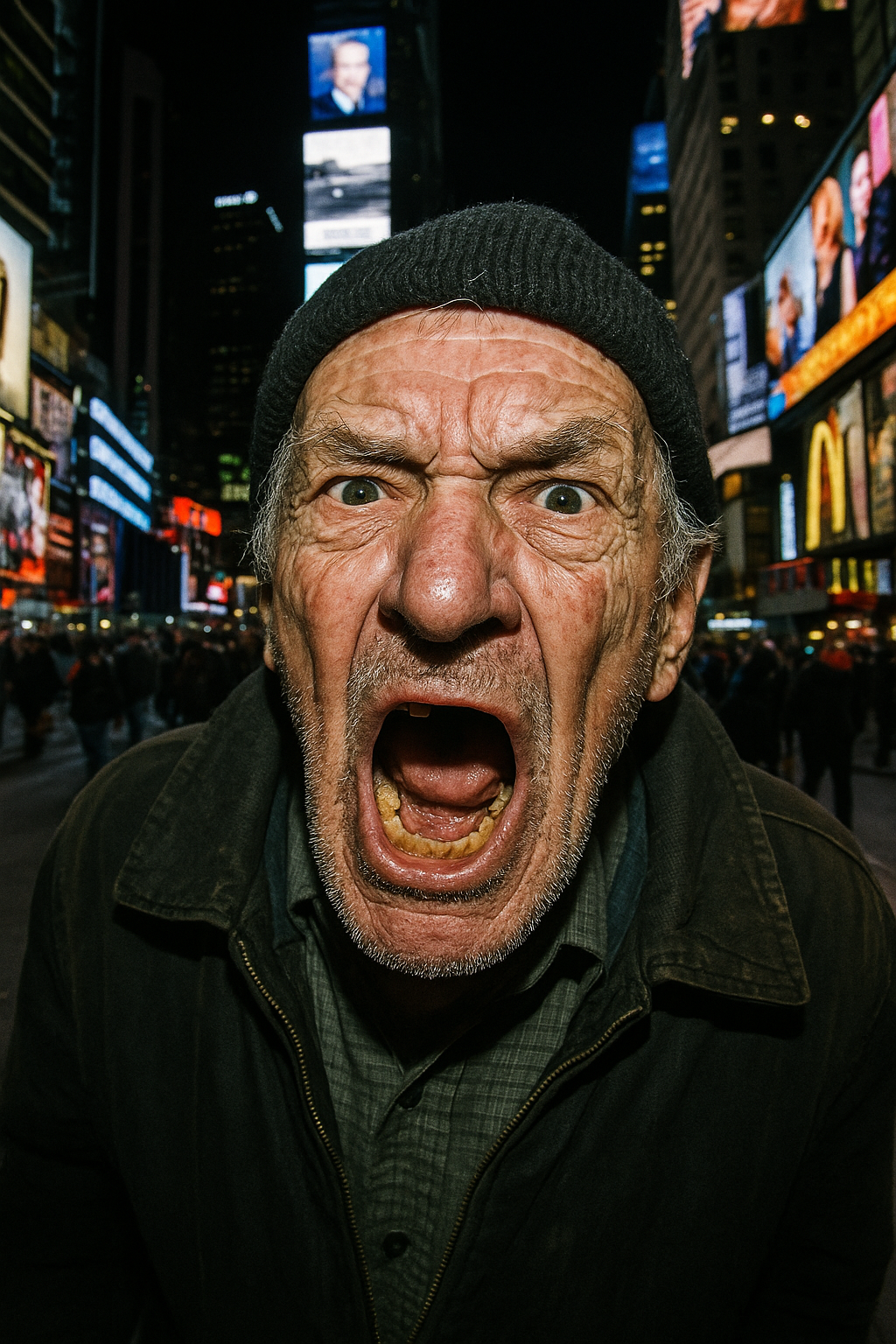 Old man yelling in Times Square